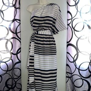 Mud Pie Flutter Sleeve Maxi Dress, Black Tan Striped, Small